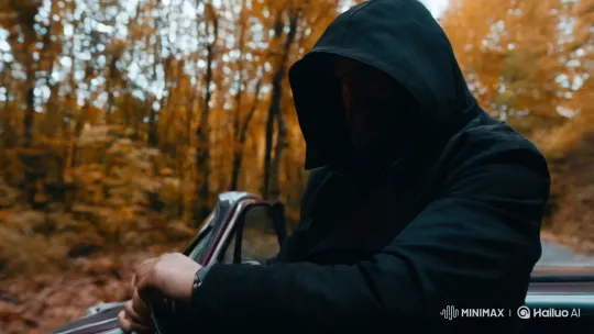 Man in Hooded Jacket Drives Through Autumnal Forest – AI Generated Video | Hailuo AI