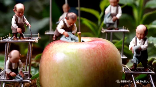Ultra-Realistic Macro View of Lilliputians Tending to a Colossal Apple – AI Generated Video | Hailuo AI