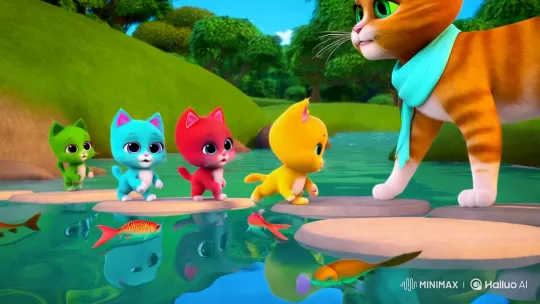 Animated Adventure: Kittens Play Across Stepping Stones – AI Generated Video | Hailuo AI