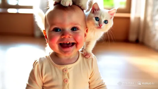 Joyful Baby and Curious Kitten in Cozy Light – AI Generated Video | Hailuo AI