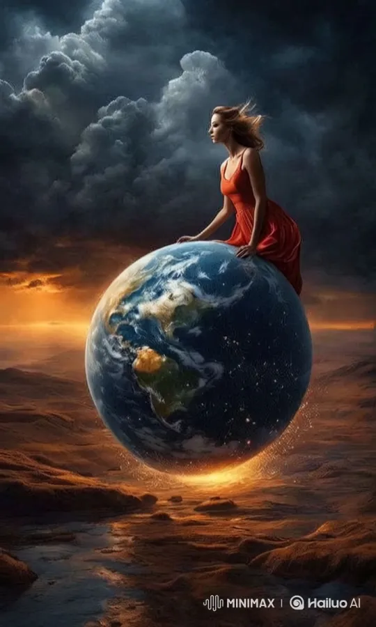 Surreal Landscape: Woman on Spinning Earth – AI Generated Video | Hailuo AI