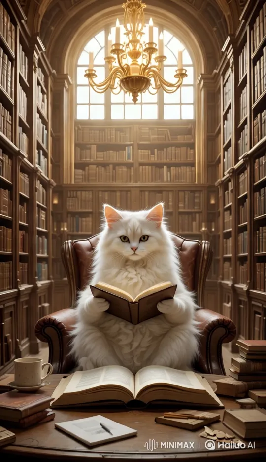 White Cat Studies in an Opulent Library Setting – AI Generated Video | Hailuo AI