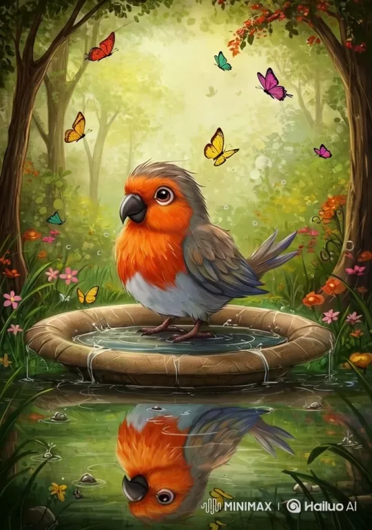 Vibrant Bird Enjoys Bath Amidst Serene Forest – AI Generated Video | Hailuo AI