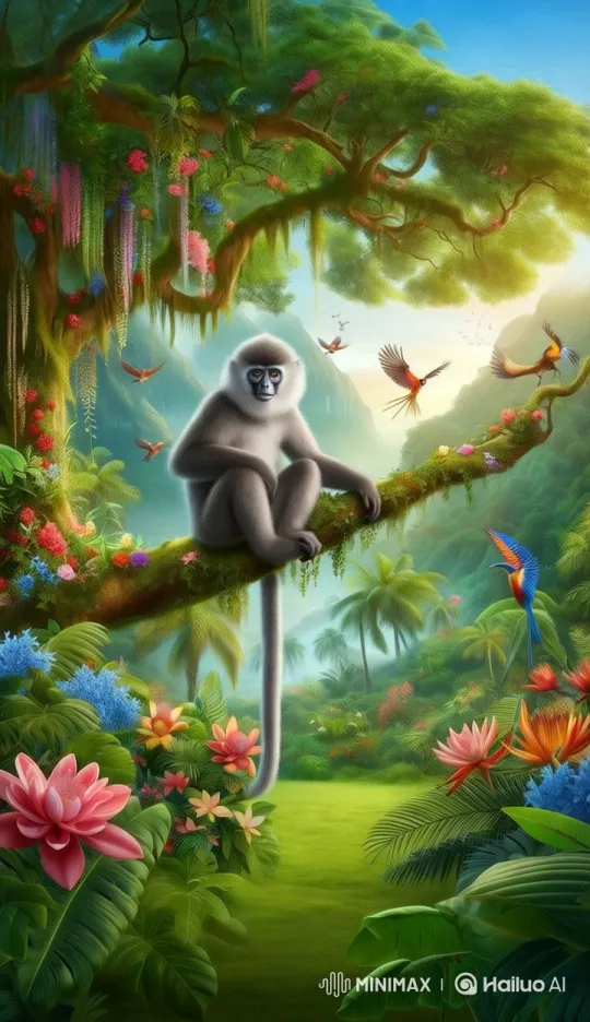 Tranquil Jungle with Serene Monkey and Vibrant Birds – AI Generated Video | Hailuo AI