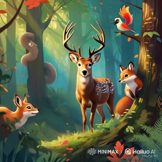Animated Forest: Deer's Graceful Run with Companions – AI Generated Video | Hailuo AI