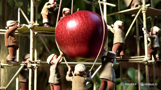 Macrophotography: Lilliputians Restore Giant Apple to Tree – AI Generated Video | Hailuo AI