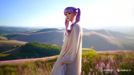 Contemplative Young Woman on Hilltop with Sunlit Serenity – AI Generated Video | Hailuo AI