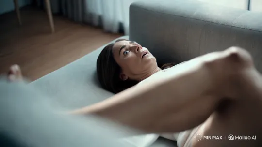 Woman in Shock on Modern Couch - Aesthetic Cinematography – AI Generated Video | Hailuo AI