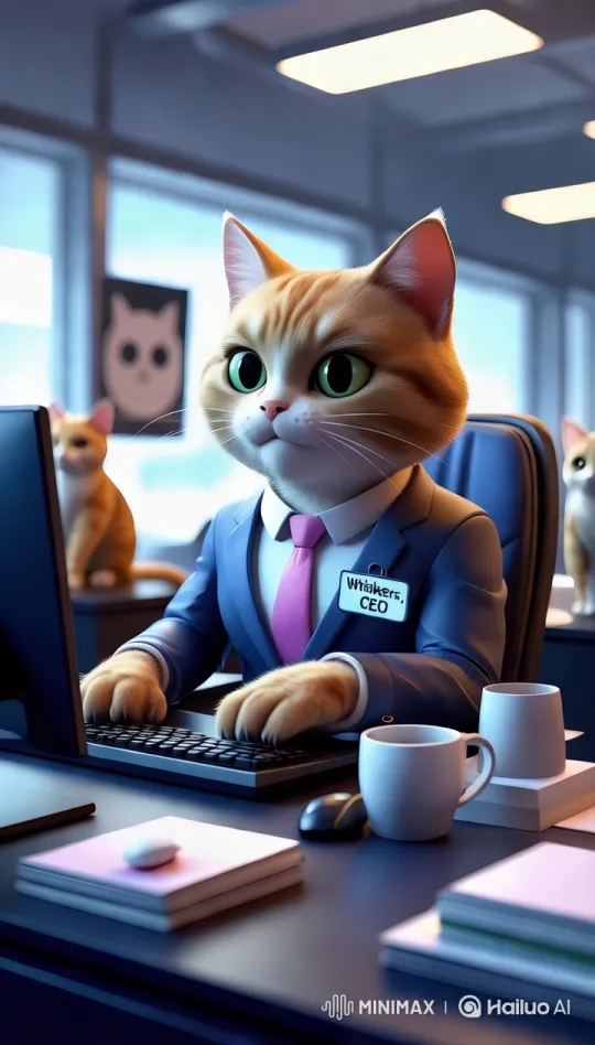 Whiskers, CEO: Cat in a Modern Office Setting – AI Generated Video | Hailuo AI