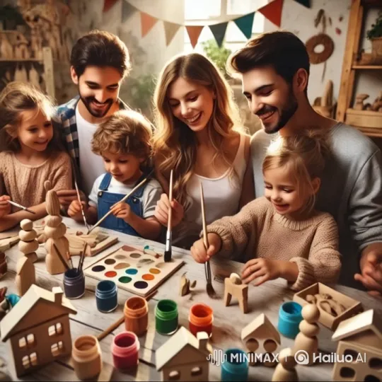 Family Engages in Creative Craft Activity at Rustic Table – AI Generated Video | Hailuo AI