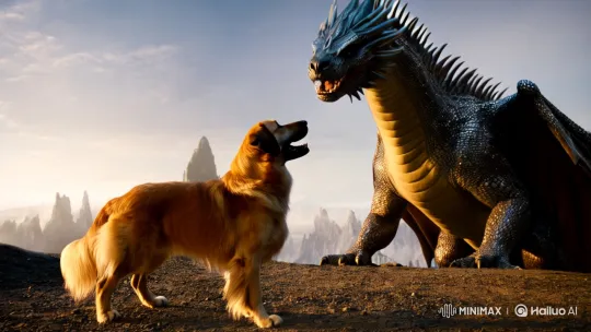 Dog Confronts Majestic Dragon in Enchanted Landscape – AI Generated Video | Hailuo AI