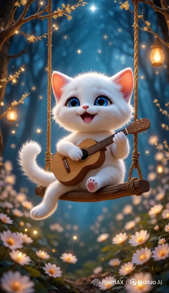 Enchanted Kitten Serenades on Swings in Magical Garden – AI Generated Video | Hailuo AI