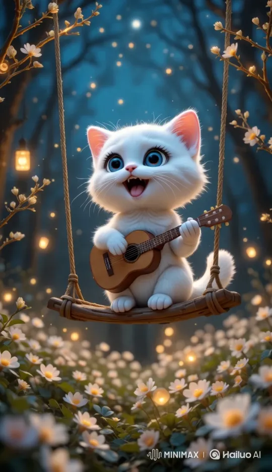 Enchanted Kitten Serenade on Swing with Twinkling Lights – AI Generated Video | Hailuo AI