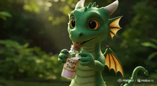 Dinosaur Prepares to Drink Magic Dust in Enchanted Forest – AI Generated Video | Hailuo AI