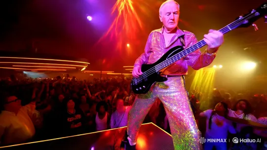 Elderly Funk Rocker Performing on Disco Stage – AI Generated Video | Hailuo AI