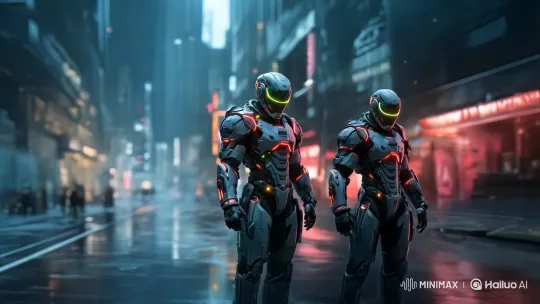 Futuristic Armored Figures in Neon-Lit City – AI Generated Video | Hailuo AI
