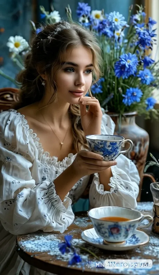 Young Girl Sips Tea in Serene, Floral Setting – AI Generated Video | Hailuo AI