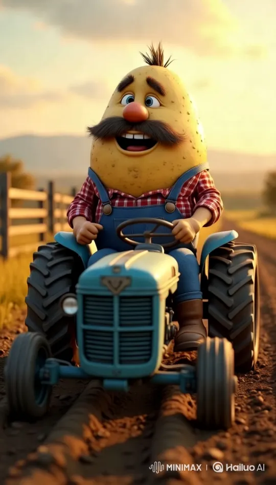 Anthropomorphic Potato Drives Vintage Tractor at Sunset – AI Generated Video | Hailuo AI