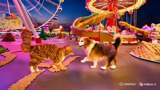 Photorealistic Amusement Park with Edible Animals at Dusk – AI Generated Video | Hailuo AI