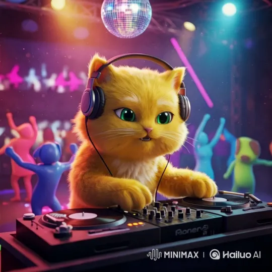 Hyperrealistic 3D Cat DJ Spins Tracks at Futuristic Disco Party – AI Generated Video | Hailuo AI