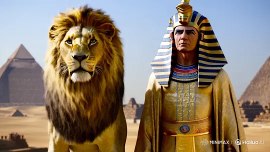 Pharaoh and Lion: Symbols of Strength in Majestic Desert – AI Generated Video | Hailuo AI