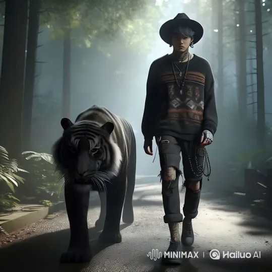 Trendy Young Man Walks with Tiger in Serene Forest – AI Generated Video | Hailuo AI