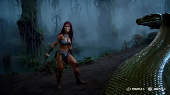 Red Sonja Battles Monstrous Anaconda in Swampy Ambiance – AI Generated Video | Hailuo AI