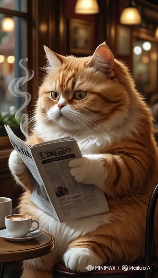 Charming Cat Reads Newspaper in Cozy Café – AI Generated Video | Hailuo AI