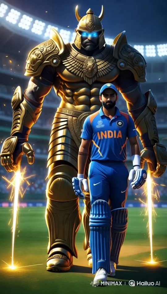 Indian Cricketer Marches with Mythic Warrior Titan – AI Generated Video | Hailuo AI