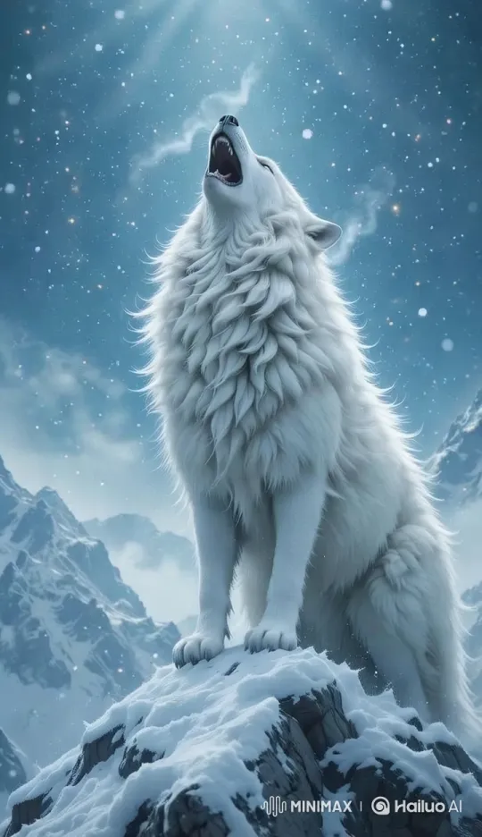 Majestic White Wolf Howls on Snowy Mountain – AI Generated Video | Hailuo AI