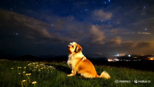 Peaceful Night: Dog on Hill Under Starry Sky – AI Generated Video | Hailuo AI