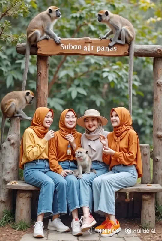 Women and Monkeys Enjoy Nature at Suban Air Panas – AI Generated Video | Hailuo AI