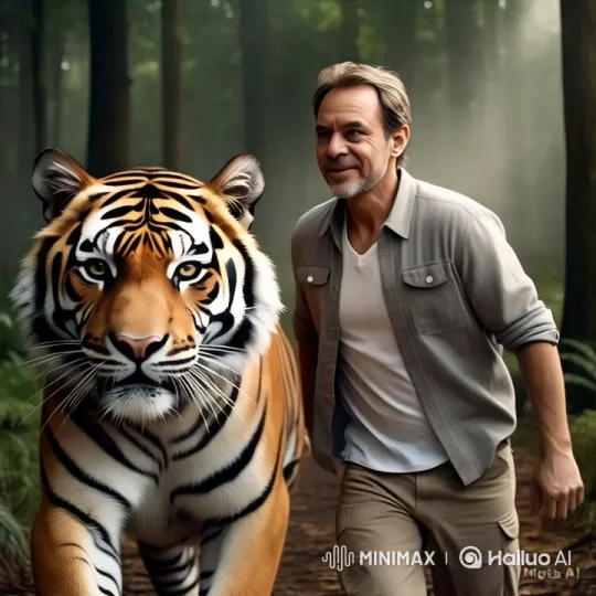 Man and Tiger Walk Through Serene Forest – AI Generated Video | Hailuo AI