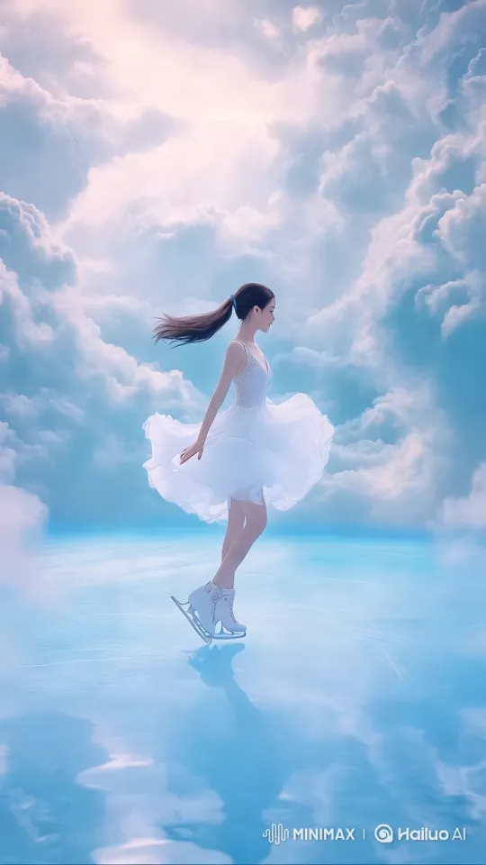 Ice Skater Glides Through Clouds in Dreamy Performance – AI Generated Video | Hailuo AI