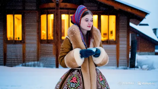 Siberian Beauty in Traditional Coat Amidst Winter's Embrace – AI Generated Video | Hailuo AI