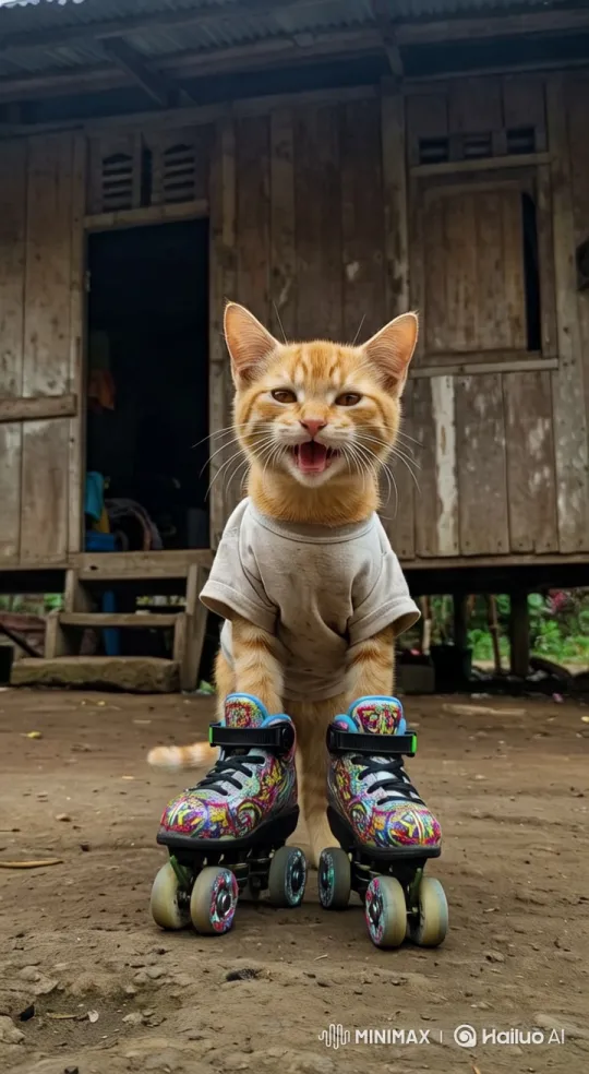 Orange Kitten in Roller Skates Before Rustic House – AI Generated Video | Hailuo AI