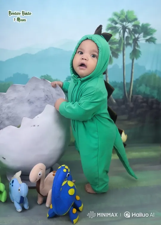Baby Dances in Dinosaur Costume Amidst Prehistoric Setting – AI Generated Video | Hailuo AI