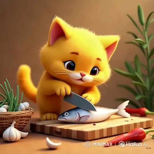 Yellow Cat Chefs Fish with Dramatic Camera Work – AI Generated Video | Hailuo AI