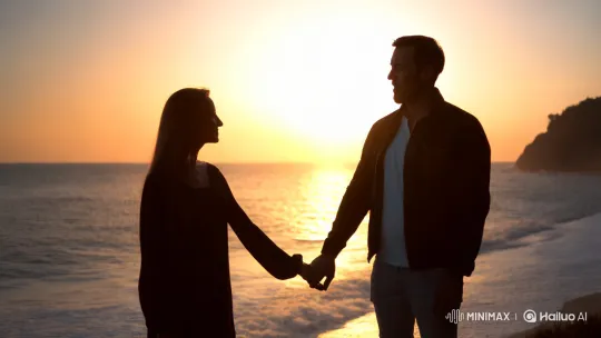 Silhouettes of Love at Sunrise Over the Ocean – AI Generated Video | Hailuo AI