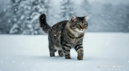 Tabby Cat in Snow with Magical Transformation – AI Generated Video | Hailuo AI