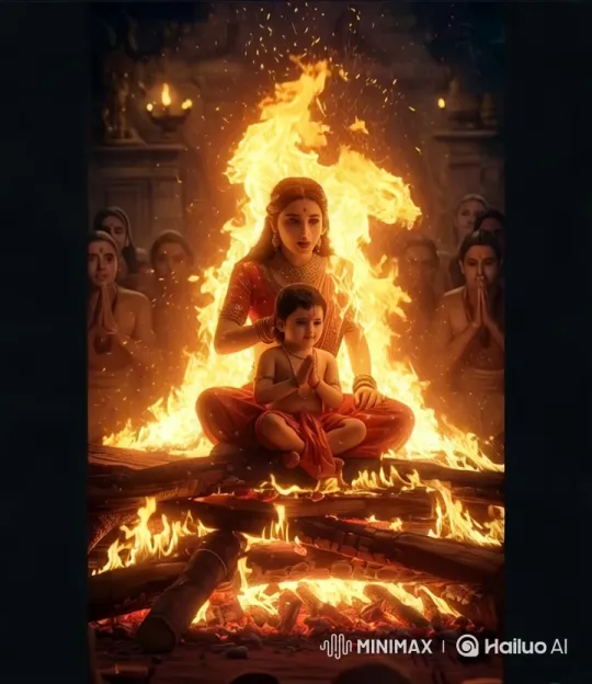 Woman and Child on Burning Pyre Amidst Spiritual Serenity – AI Generated Video | Hailuo AI