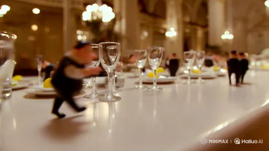 Miniature Waiters Prepare Opulent Dining Table – AI Generated Video | Hailuo AI