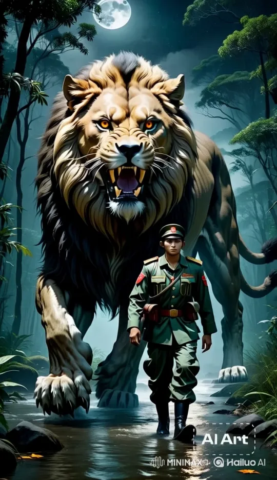 Majestic Lion and Soldier in Moonlit Forest Journey – AI Generated Video | Hailuo AI