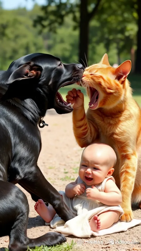 Dog and Cat's Playful Fight in Park with Crying Baby – AI Generated Video | Hailuo AI
