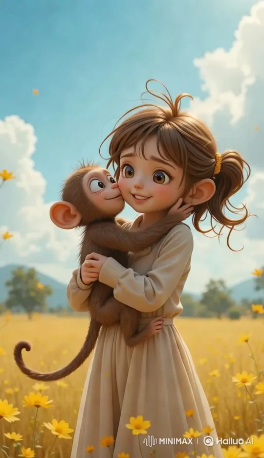 Girl and Monkey's Joyful Reunion in Sunny Field – AI Generated Video | Hailuo AI