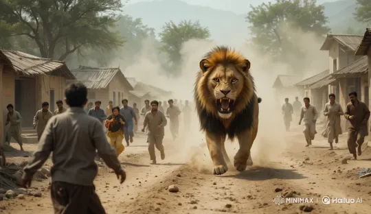 Chaos in the City: Lion on the Loose and Fierce Struggle – AI Generated Video | Hailuo AI