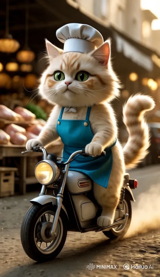 Chef Cat Rides Motorcycle Through Vibrant Market – AI Generated Video | Hailuo AI