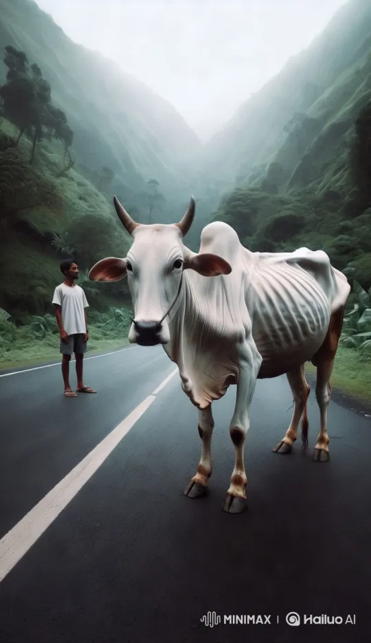 Austere Pastoral: Man and Emaciated Cow in Misty Valley – AI Generated Video | Hailuo AI