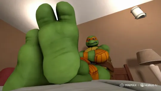 Relaxed Turtle Character Rubs Feet in Cozy Bedroom – AI Generated Video | Hailuo AI