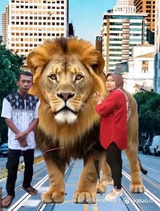 Lion Walks Through Urban Streets with Companions – AI Generated Video | Hailuo AI